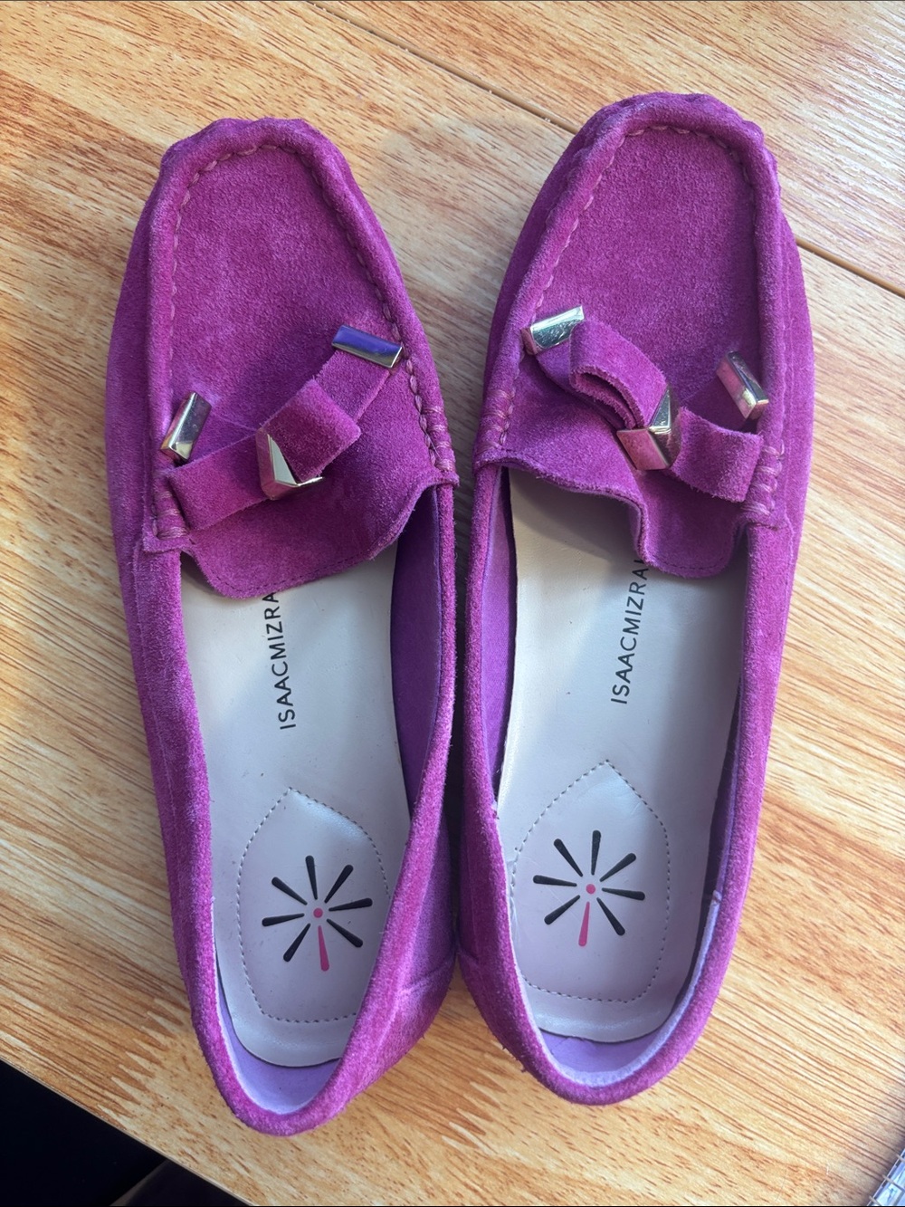 Isaac Mizrahi Pink Suede Loafers with Metal-Trim Bow